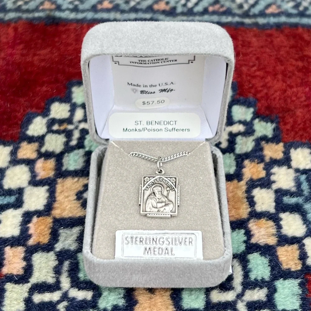 St. Benedict Sterling Silver Square Religious Medal Necklace 18” Curb Chain